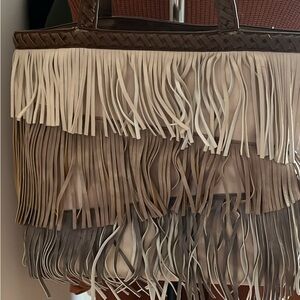 Fringe Tote Bag - Brown and Cream